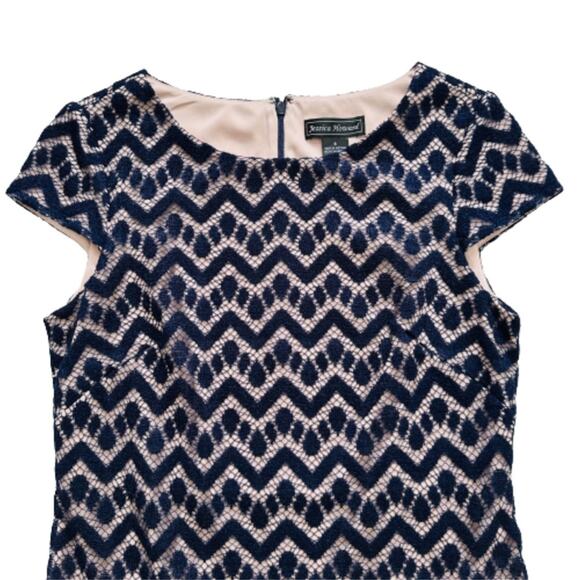 Jessica Howard Dress Navy Lace Overlay Nude Lining Short Sleeve Sheath Size 6 - Picture 8 of 12